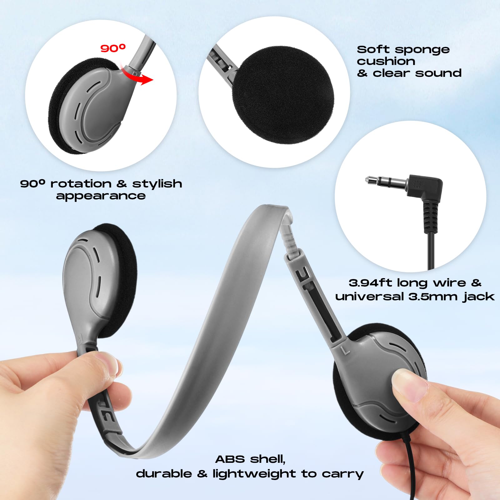 Yunsailing Set di 30 cuffie per bambini e studenti, regolabili, per scuola, con jack da 3,5 mm, per giovani e adulti, per operazioni natalizie (colore grigio)