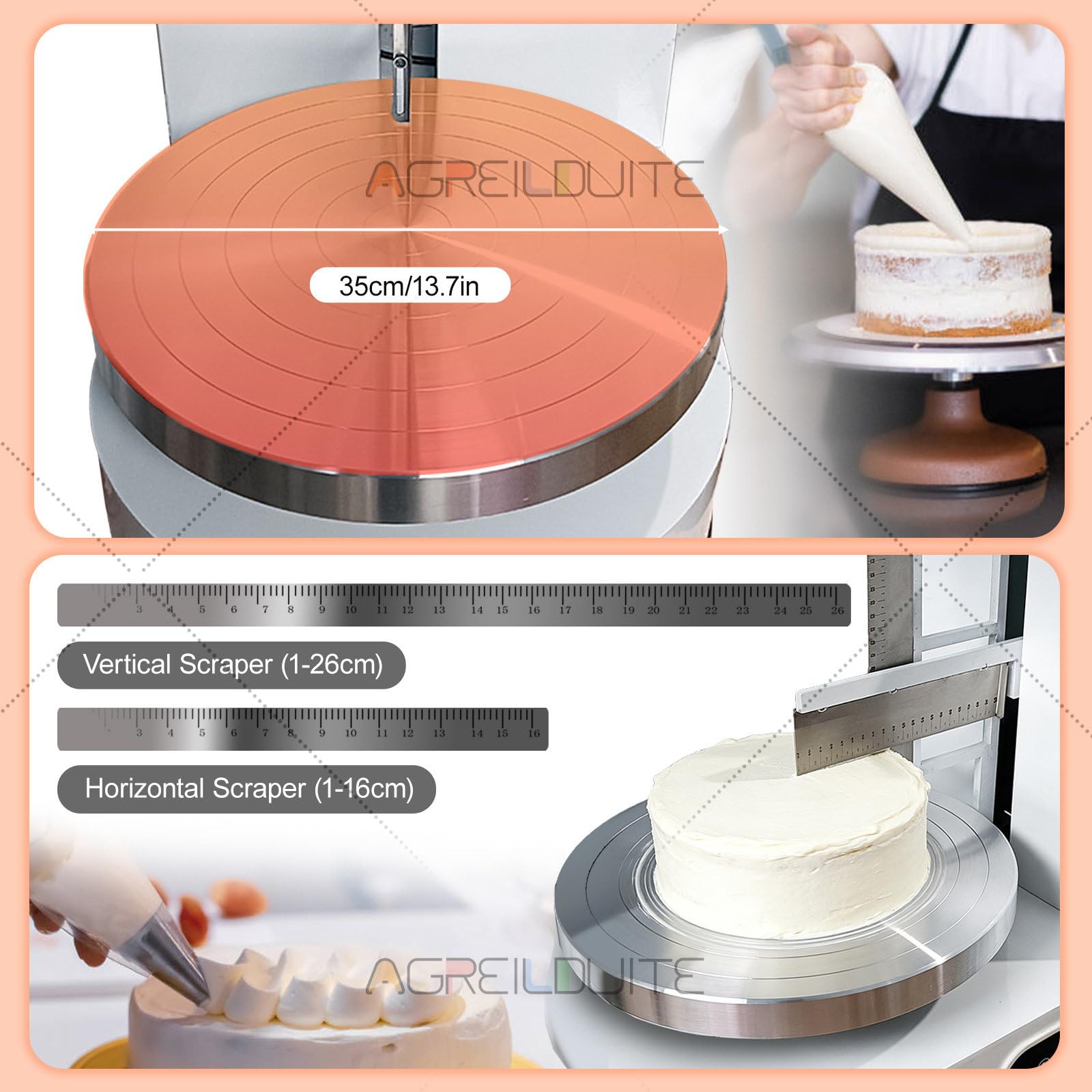 Tocadiscos automáticos para extender crema para tartas, herramienta de decoración de pasteles de 4 a 12 pulgadas con 9 raspadores de estilo para un revestimiento suave de crema de mantequilla