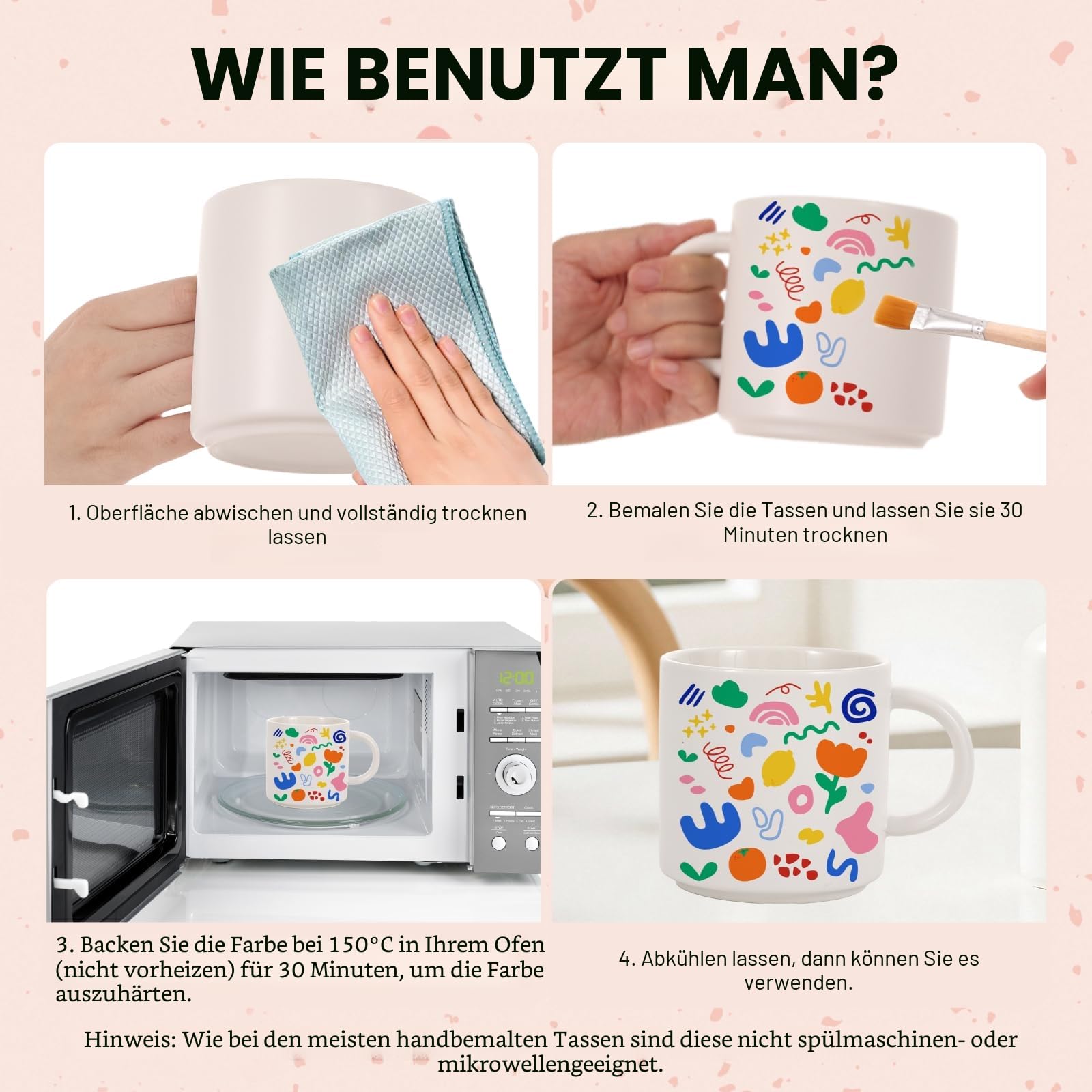 EILYGK Tassen Bemalen Set, Keramik Bemalen Set, Tassen Zum Bemalen,Inklusive 2 leere Keramikbescher, 24 lebendige Keramikfarben, 4 Pinsel, 2 Paletten, eine Anleitung
