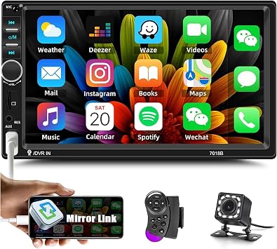 CAMECHO Double din Car Stereo with Bluetooth 7 Inch Touch Screen Car Radio with Mirror link for Android/IOS FM Radio SWC DVR USB AUX TF SD Car Multimedia Player+Backup Camera+Remote Control
