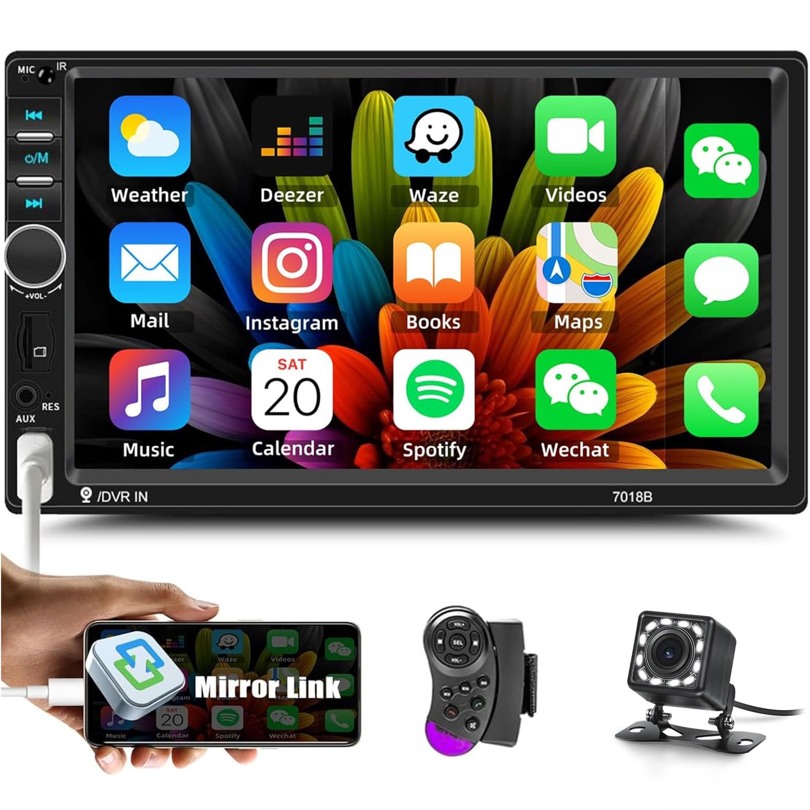 Double din Car Stereo with Bluetooth 7 Inch Touch Screen Car Radio with Mirror link for Android/IOS FM Radio SWC DVR USB AUX TF SD Car Multimedia Player+Backup Camera+Remote Control
