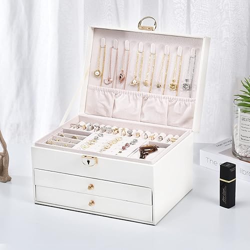 Miniatura 6 de ZonGoods Cajas de joyería para mujer con candado caja organizadora de joyas de cuero grande de 3 capas caja de joyería para anillos aretes collares