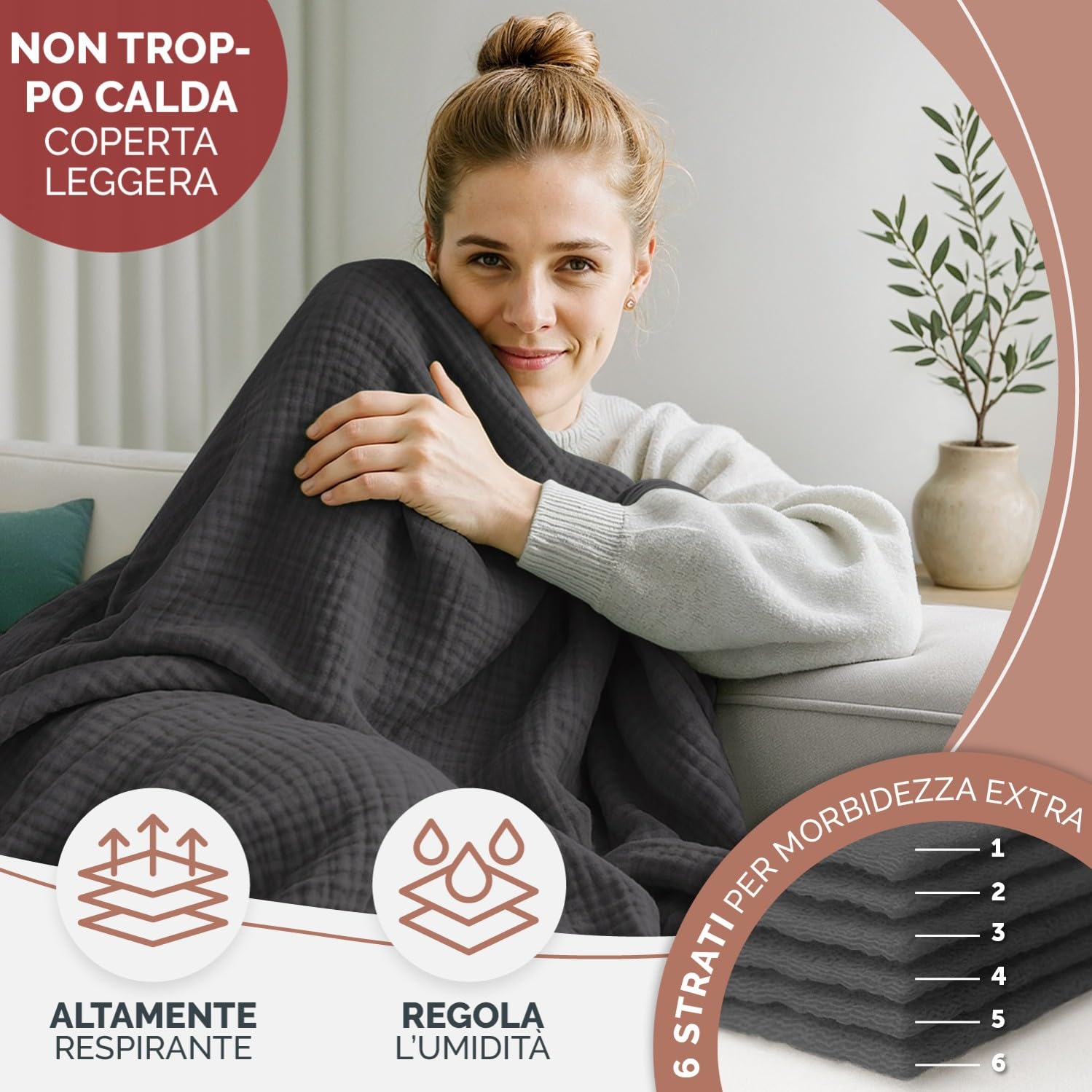 Blumtal Coperta Mussola Matrimoniale 150x200 cm - Certificata OEKO-TEX - Cotone Estivo 100% - Colore Antracite