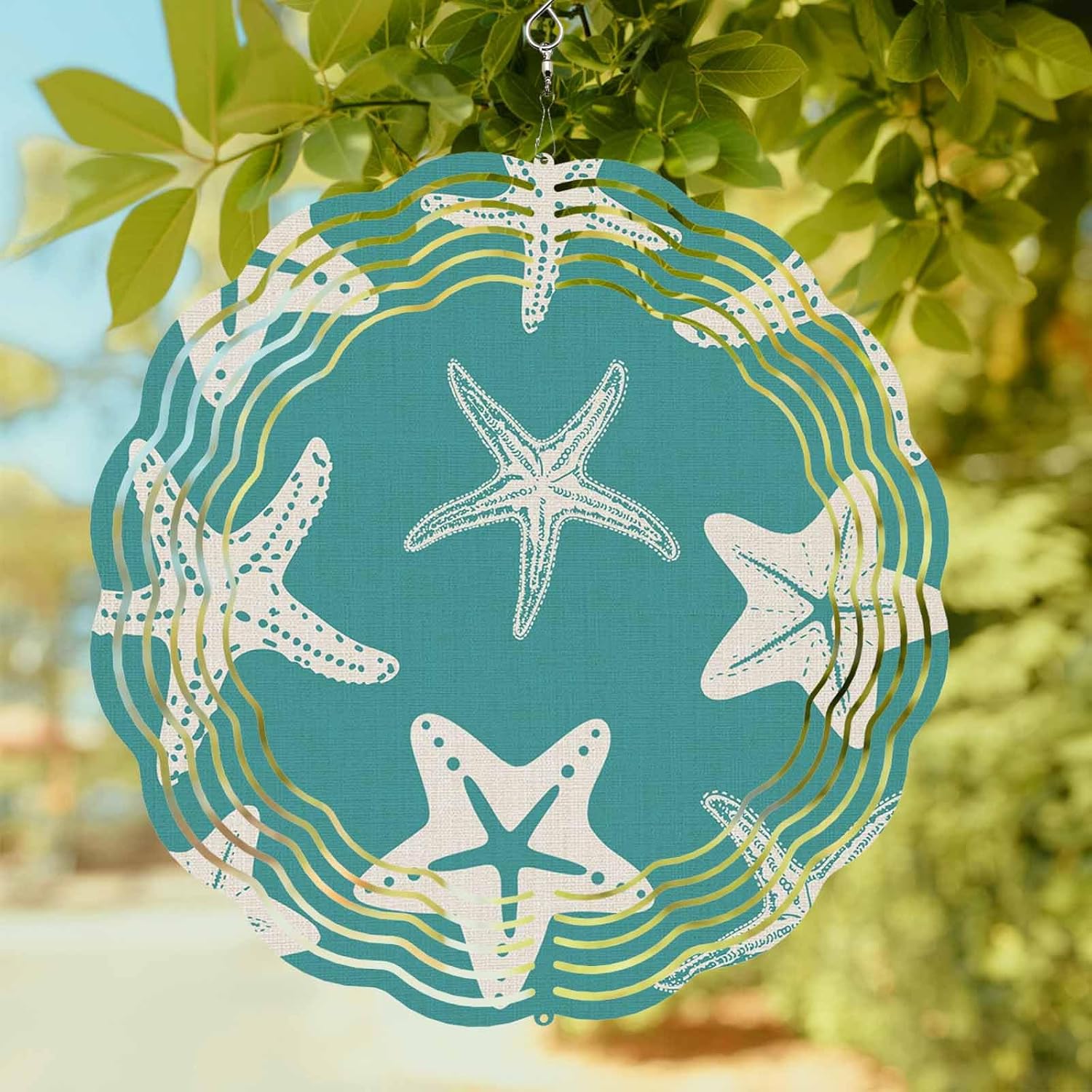 Summer Marine Life Starfish Wind Spinner for Garden Yard 3D Stainless Steel Hanging Wind Spinners, Green Background Spinners Outdoor Metal Decor for Lawn Patio Home