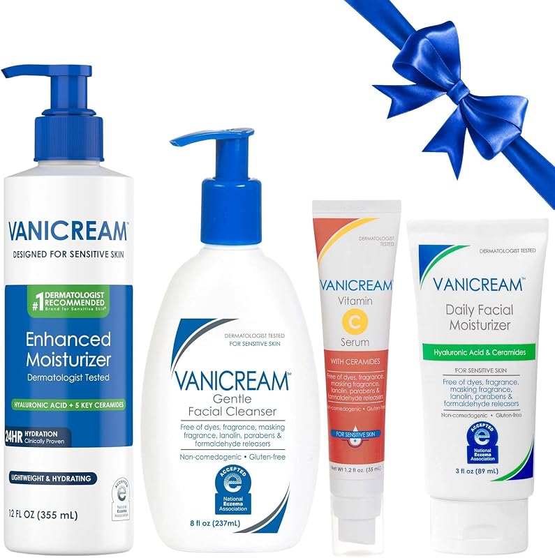 Skin Care Set for Sensitive Skin, Complete 4-Step Daily Routine, Includes Gentle Facial Cleanser, Brightening Vitamin C Face Serum, Hydrating Face Moisturizer & Enhanced Body Lotion