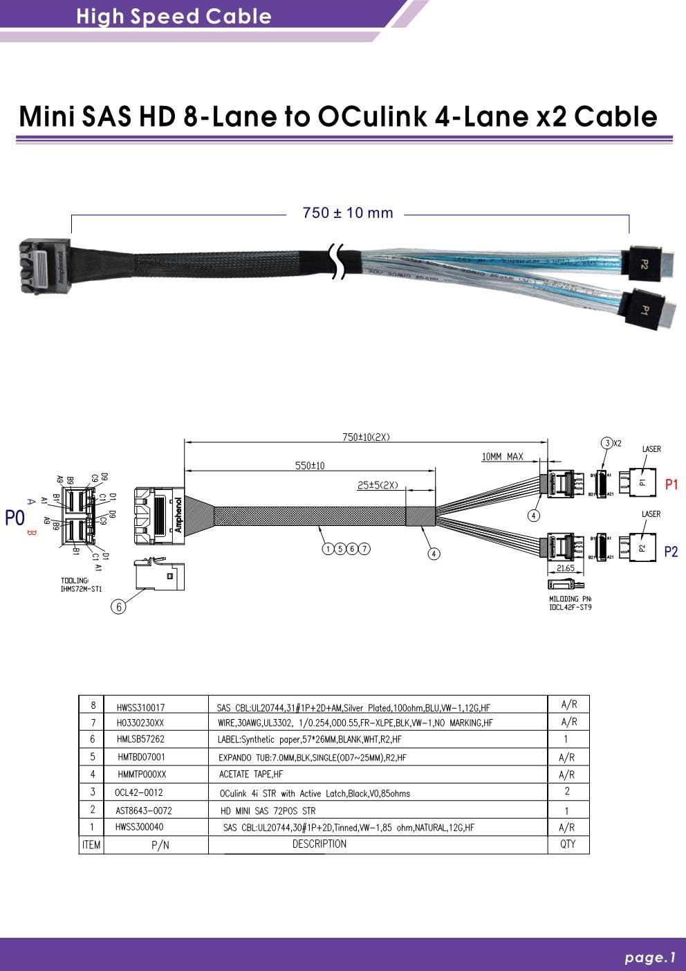 Micro SATA Cables|Mini SAS HD 8-Lane to OCulink 4-Lane Dual Y-Cable - 750mm Length