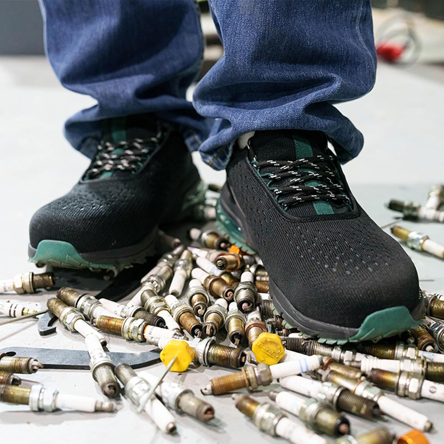 SPIEZ Lightweight Slip-On Safety Shoes for Men & Women, Slip-Resistant Work Shoes with Air Cushioning, Water-Resistant & Decorative Laces, Easy On/Off Sneakers, Black Green, Size 4.5-13.5 - Image 9