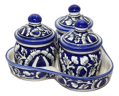 SPHINX Blue Pottery Traditional Mughal Print Table Top Ceramic Pickle Jar/Achaar Martban set - 3 jars + 1 Tray