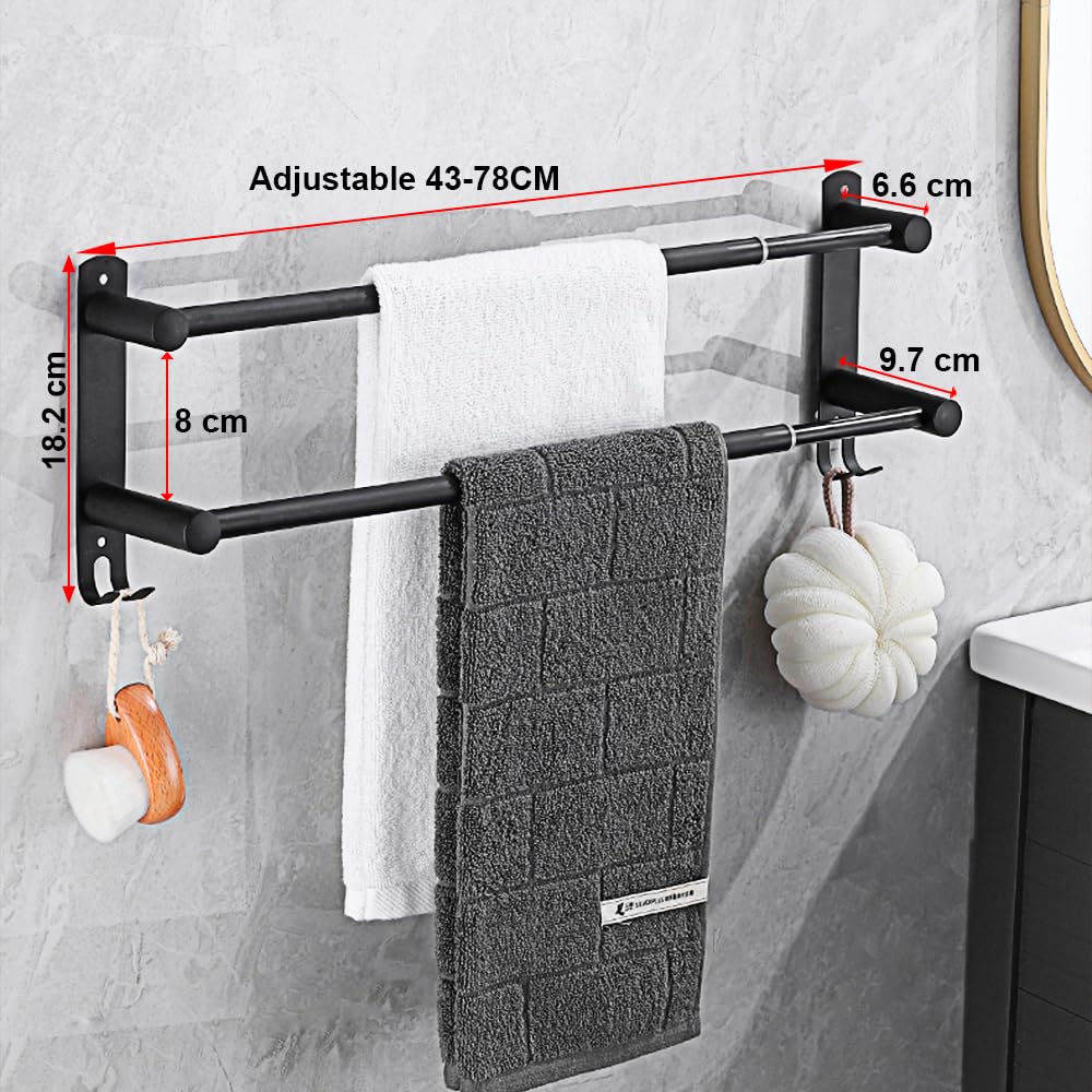Inoxydable Porte-Serviettes de Salle de Bain 43-78CM Rétractable Porte Serviette Porte-Serviettes Mural pour Salle de Bain, Cuisine, Toilettes, Hôtel (Noir, 2 Couches)