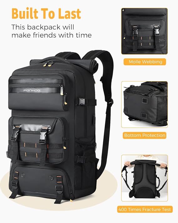 Ponhog Travel Backpack for Men - 50L Convertible Duffle Bag with Shoe Compartment, Carry On Laptop Backpack with USB Charging Port, Hiking Backpack Gym Daypack Water Resistant Rucksack,Black