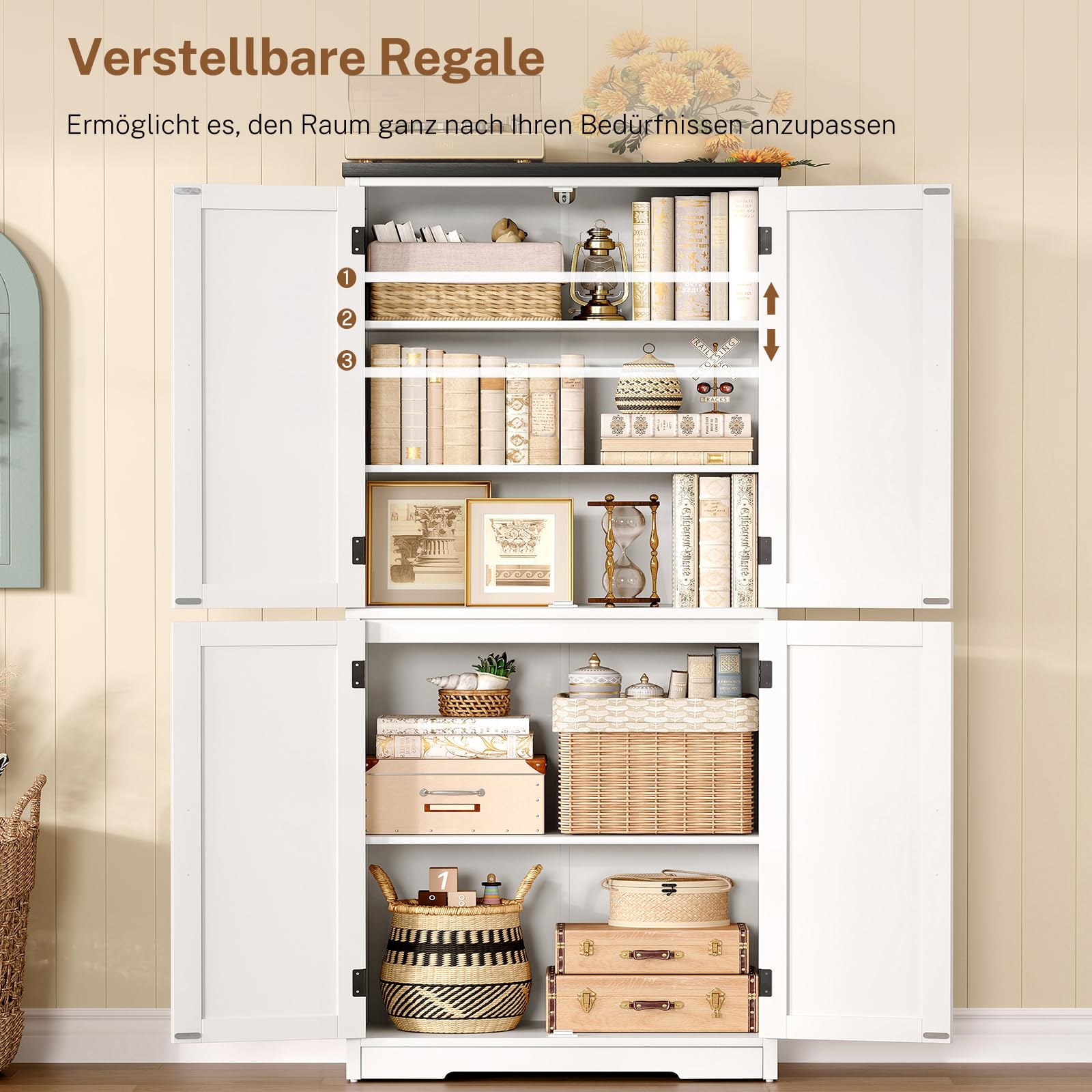 TEENFON 148 cm Küchenschrank 4 Scheunentüren, Mehrzweckschrank mit 2 Feste Regale & 1 Verstellbare Regale, Vorratsschrank für Küche, Esszimmer, Wohnzimmer, Badezimmer - 60 x 30 x 148 cm - Weiß