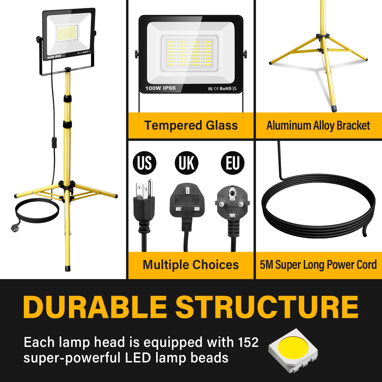 SKYWORLD Foco LED 100 W, trípode, 10000 lm, resistente al agua, para taller, construcción, garaje, jardín