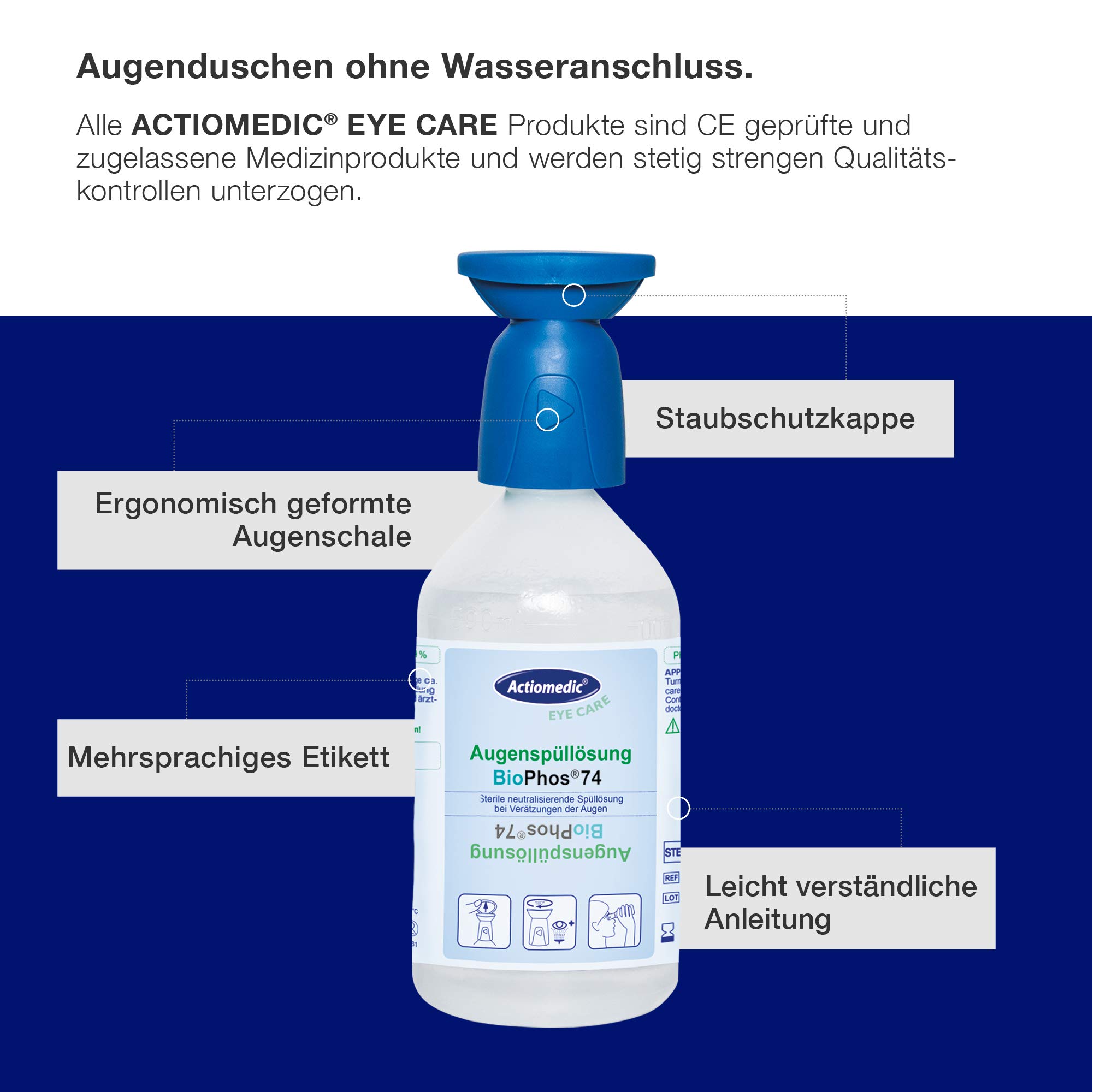 ACTIOMEDIC I Soluzione per lavaggio oculare tamponata ai fosfati BioPhos®74 4,9%, Collirio sterile per rimuovere le sostanze chimiche dagli occhi, Dispositivi primo soccorso, 500 ml