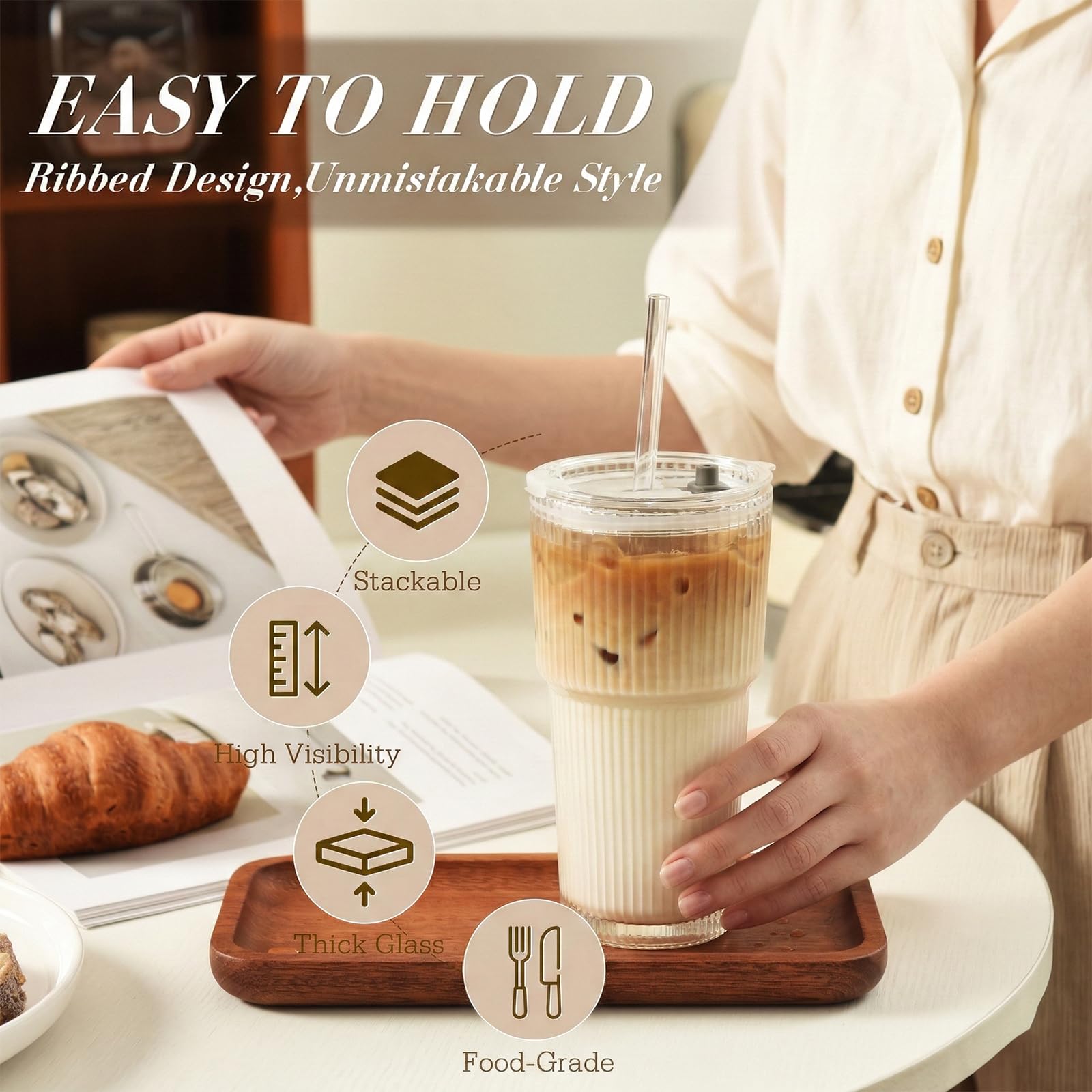 VITEVER Juego de 2 vasos de cristal acanalados de 600 ml con tapa y pajita, vasos de café helado, juego de vasos largos, vasos para batidos, diseño hermético e impermeable, ideal como café