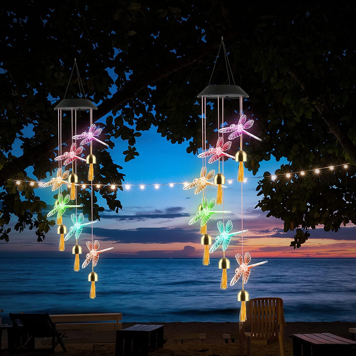 Solar Wind Chimes, Dragonfly Wind Chimes for Outside, Waterproof Memorial Wind Chimes Color Changing, Decor Lights for Garden Patio Yard, Gifts for Women Mom Wife Girlfriend Grandma Birthday