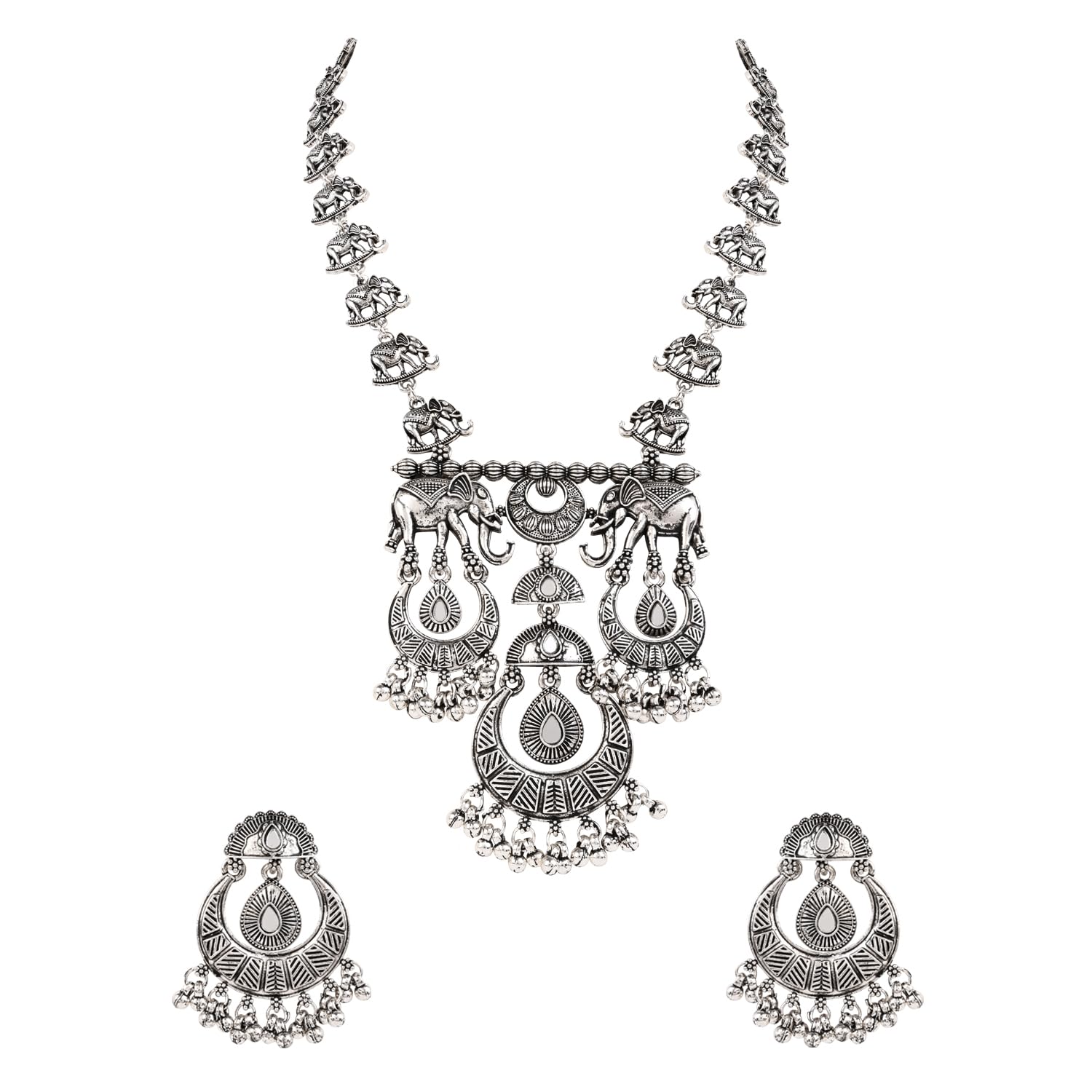Navratri Silver Oxidised Traditional Elephant Design Long Necklace with Earrings Jewellery Set for Women (MC233OX)-image-41