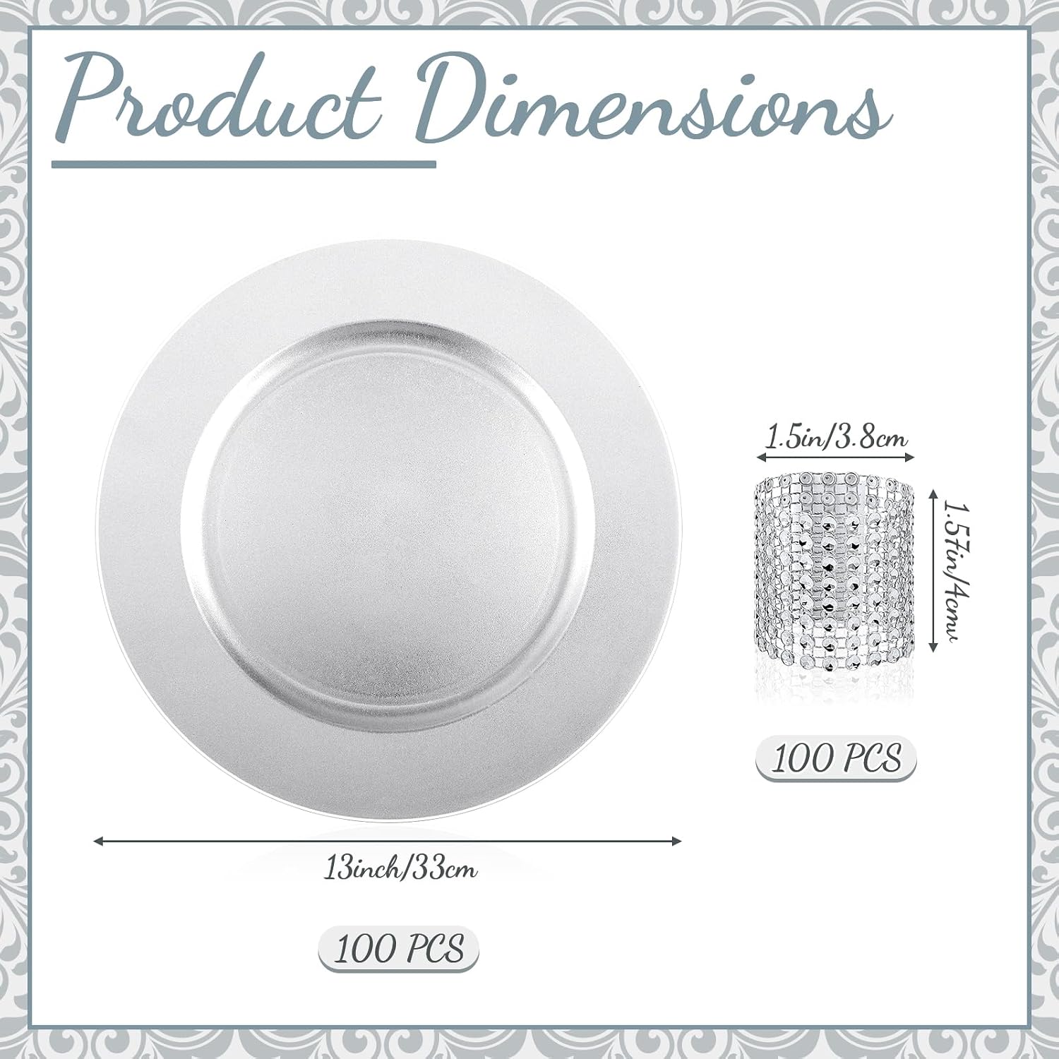 200 Pieces Charger Plates Bulk with Napkin Rings,Simple Style,Silver image 2