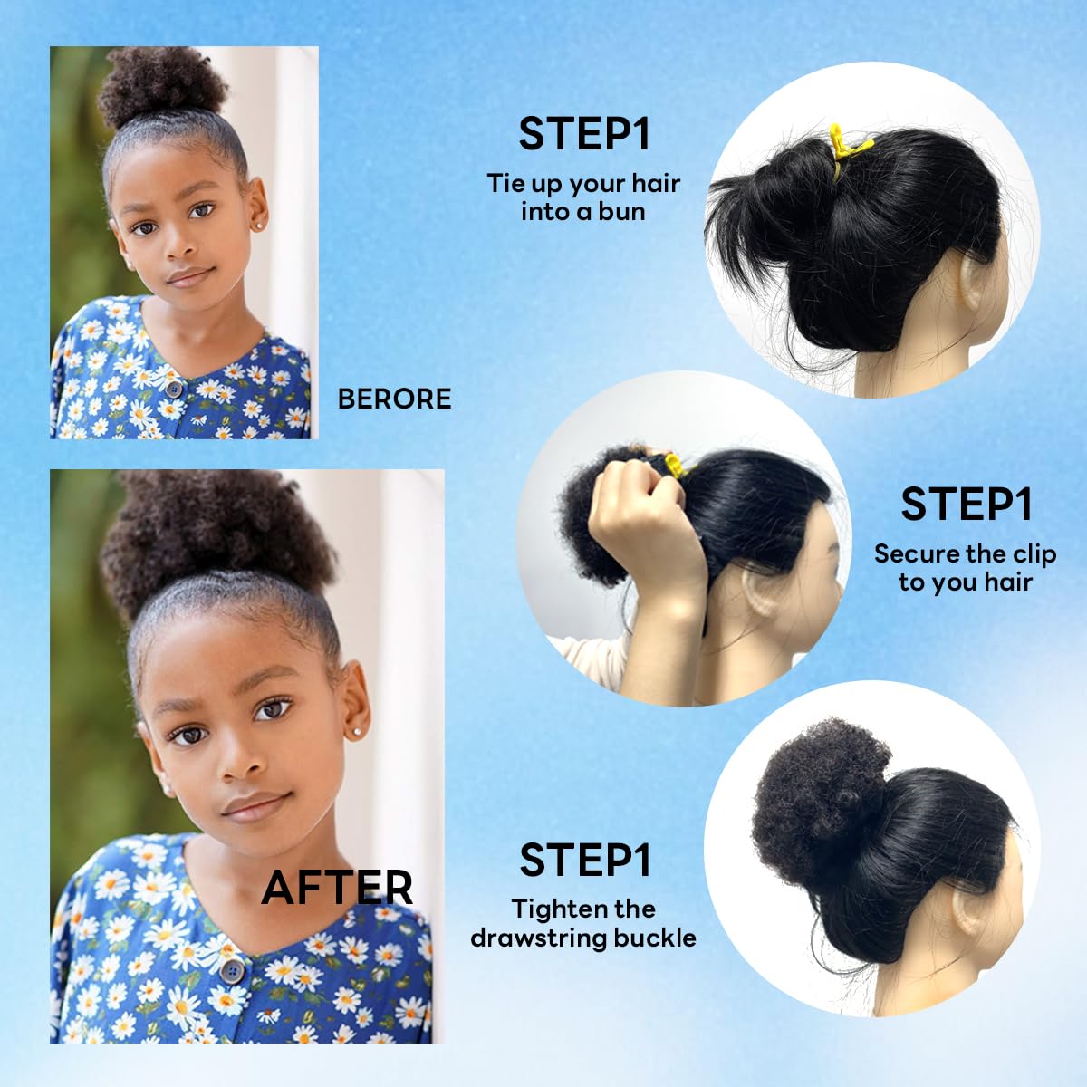 8in Afro Puff Ponytail for Black Women - 100% Human Hair Drawstring Clip-in with 3 Combs | Kinky Curly Extension (8in, Jet Black 1#)