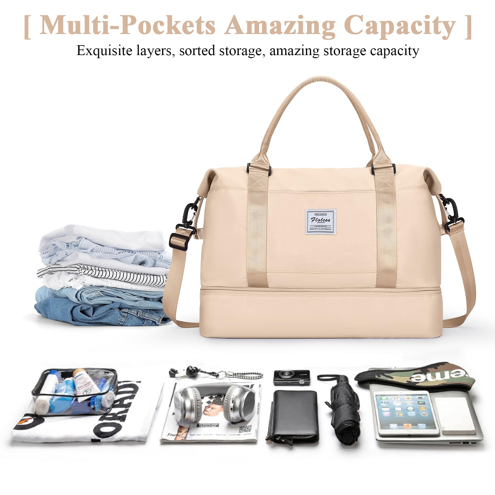 Borsone da Viaggio Donna, Bagaglio a Mano Borsa da Viaggio con Scomparto per le Scarpe, Borsa Sportiva Borsone da Palestra Grande, Borsa da Weekend, Borsa per Ospedale,A5 beige