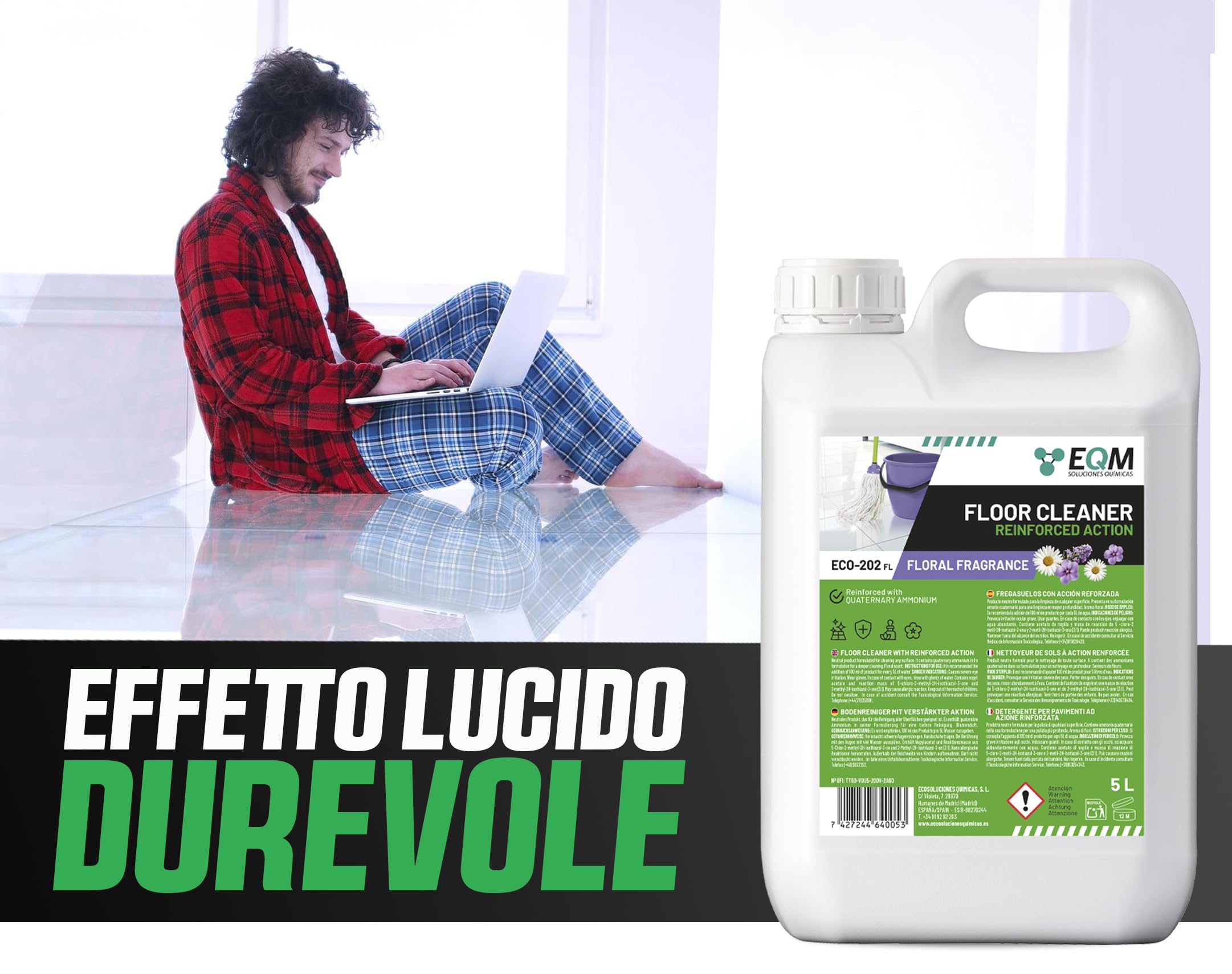 EQM - ECO-202 - Detergente per Superfici Multiple - Azione Rinforzata per una Pulizia Superiore - 5L - Alta Capacità Sgrassante e Deodorante - Aroma Floreale