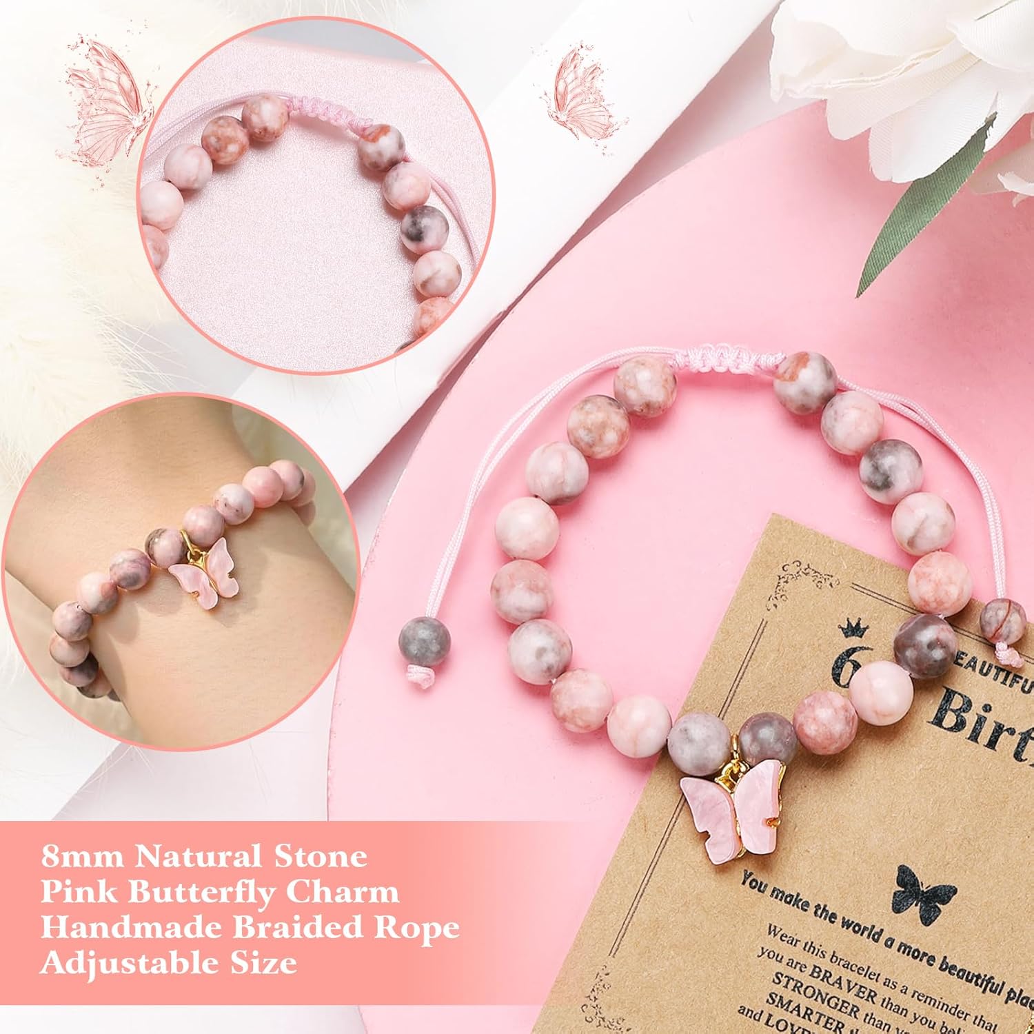 CHUNG Girls Natural Stone Beaded Bracelet Pink Butterfly Necklace 6-12 Years Old Birthday Gifts Christmas for Daughter Granddaughter Niece - Image 5