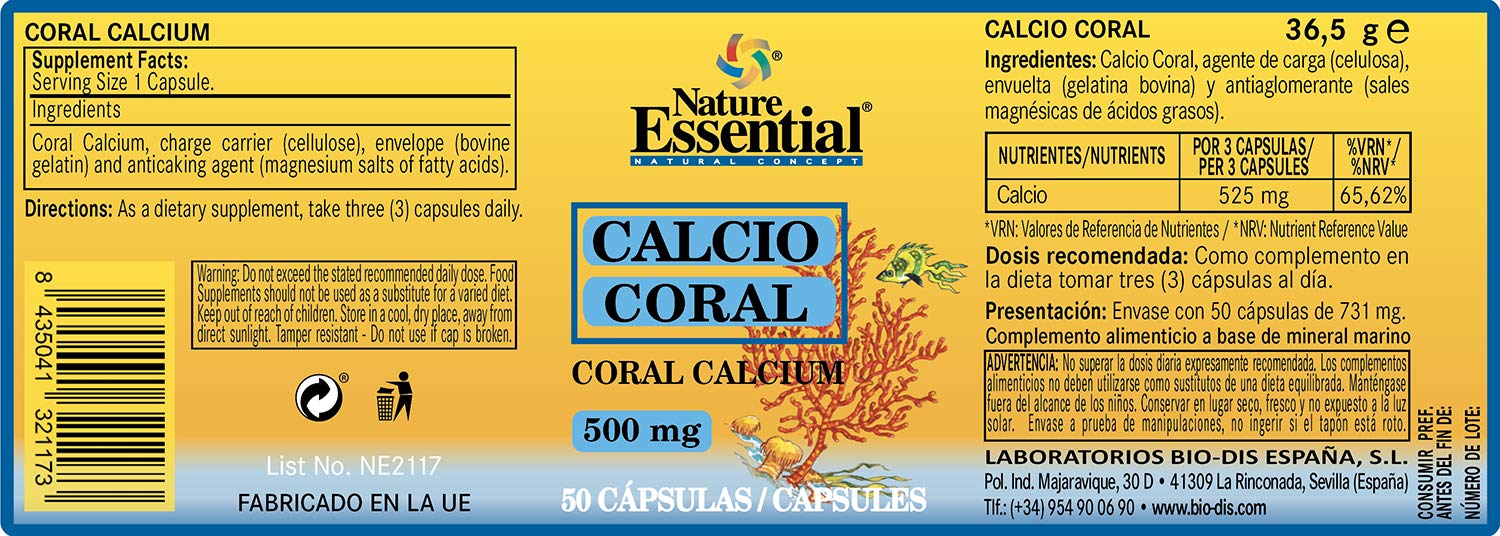 Nature Essential - Comprimidos de Calcio Coral 500 mg - 50 Cápsulas - A Partir de Carbonato de Calcio de Origen Marino - Ayuda a Fortalecer los Huesos