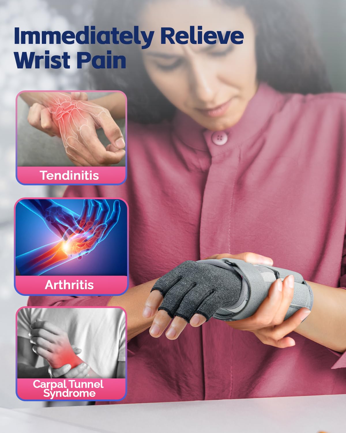 FEATOL Juego de muñequera para túnel carpiano y guantes de compresión para artritis para mujer, muñequera corta, soporte diurno, alivio del dolor para el trabajo, mecanografía, tendinitis, esguinces,