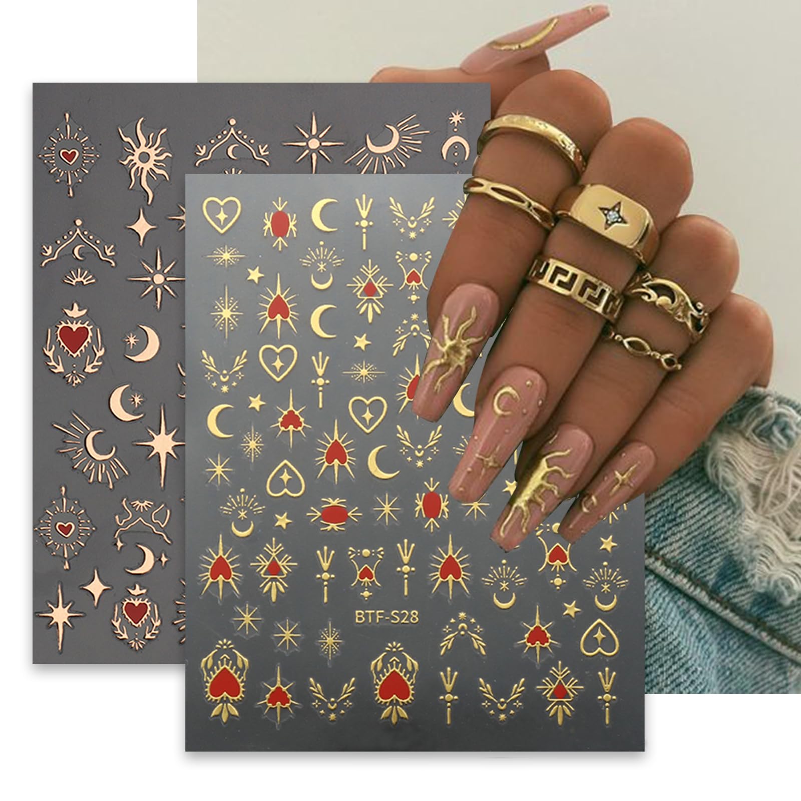 Nagel-Decals Set – 12 Blätter, Gold, Sonne-Mond-Sterne, Selbstklebend