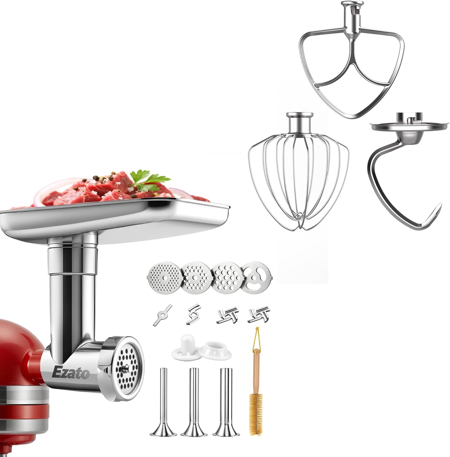Stainless Steel Meat Grinder Attachments & Stainless Steel 3 Pieces Baking Mixers Accessories for KitchenAid, Compatible with KA 4.5QT Tilt-Head Stand Mixers