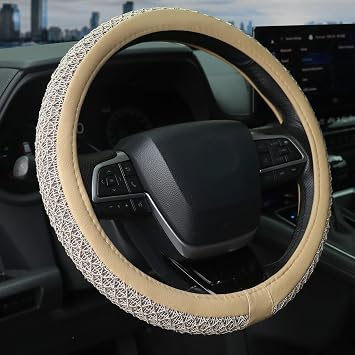 KAFEEK Leather Mesh Steering Wheel Cover, Universal 15 Inch, Beige