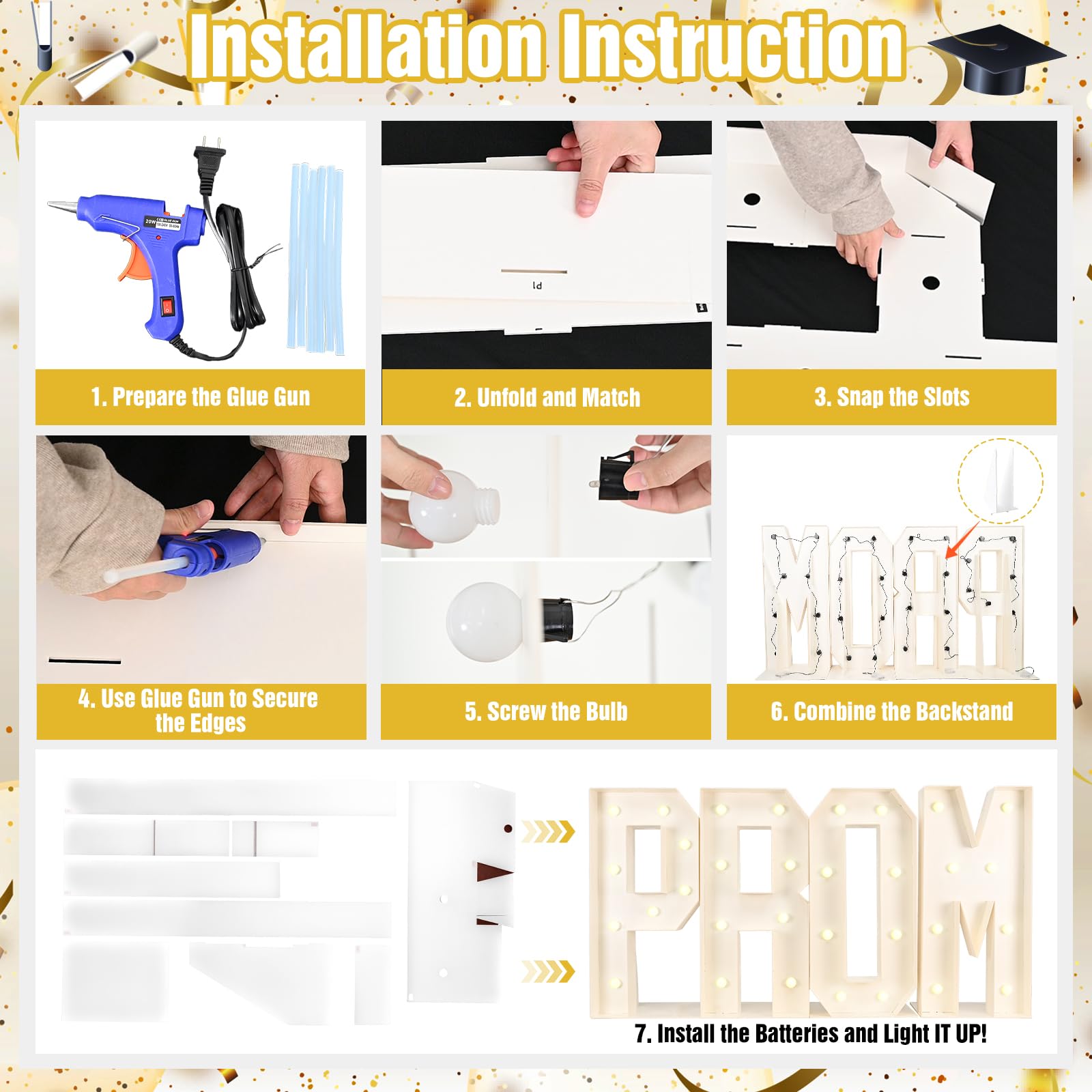 Froova Lettres de chapiteau de bal de promo de 91 cm pour décorations de remise de diplôme 2026, pistolet à colle chaude, lettres lumineuses, cadre en carton prédécoupé pour classe de 2026, diplômé de