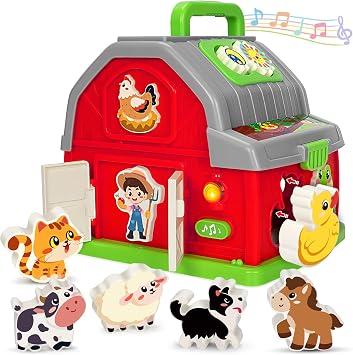 Ellinjan Montessori Learning Toys for 1 2 3 Year Old Boys Girls, Musical Farm Animals for Toddlers 1-3, Interactive Barn Toy with Light & Sound, Birthday Gifts for Baby Kid Toddler Age 12-18 Months