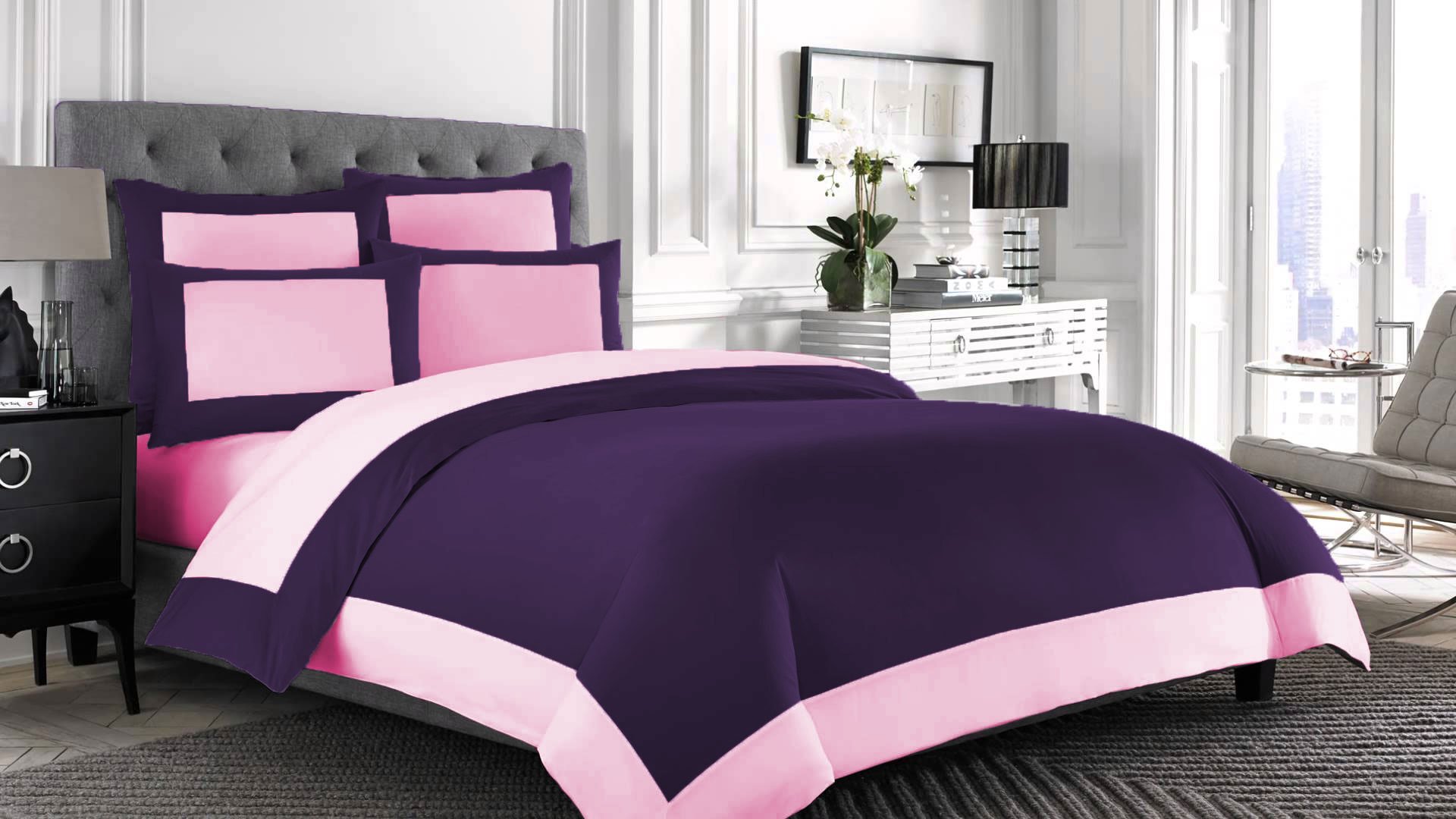 Funda de edredón de algodón egipcio antiarrugas de 600 hilos doble reversible morado rosa