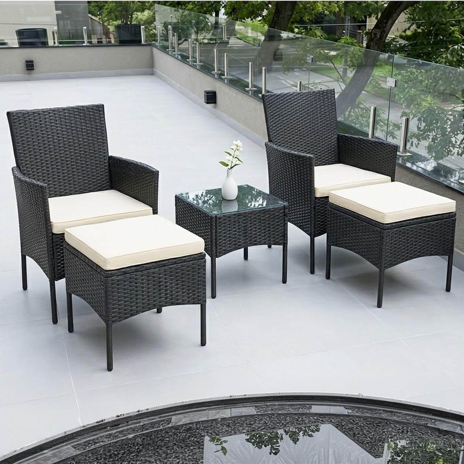 DEVOKO 5 Pieces Wicker Patio Furniture Set Outdoor Patio Chairs with Ottomans Conversation Sofa with Coffee Table for Poolside, Garden, Balcony (Black and Cream)