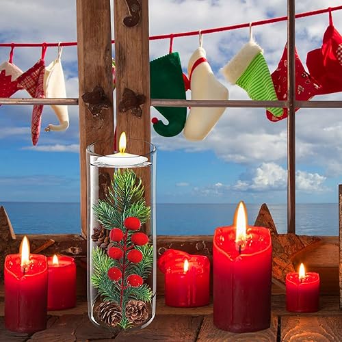Miniatura 2 de Relleno de jarrón flotante de Navidad, 4 juegos de rellenos de jarrón de Navidad con velas flotantes, bayas de acebo artificiales, púas de piña,
