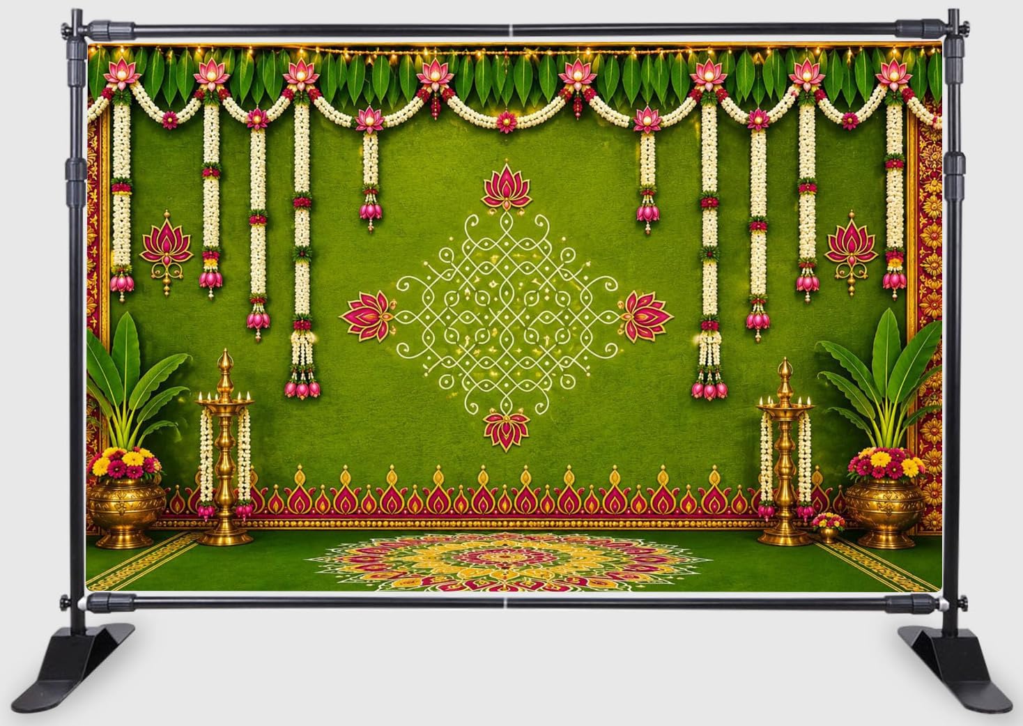 Backdropon Green Floral Kolam Fabric Backdrop with Garlands, Banana Leaves & Traditional Rangoli Design for Pooja, Wedding, Housewarming & Festival Decoration Size 5 Feet Height and 8 Feet Width(5*8)-picture-21