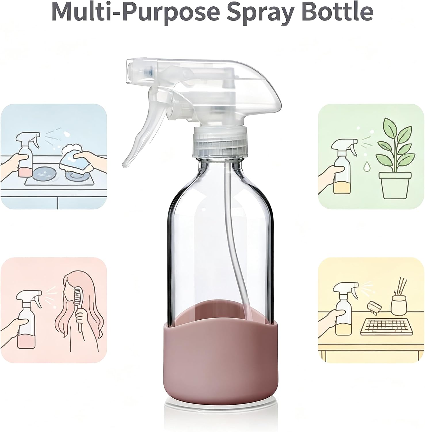 8oz Pink Glass Spray Bottles with Silicone Sleeve–Refillable Spray Bottles