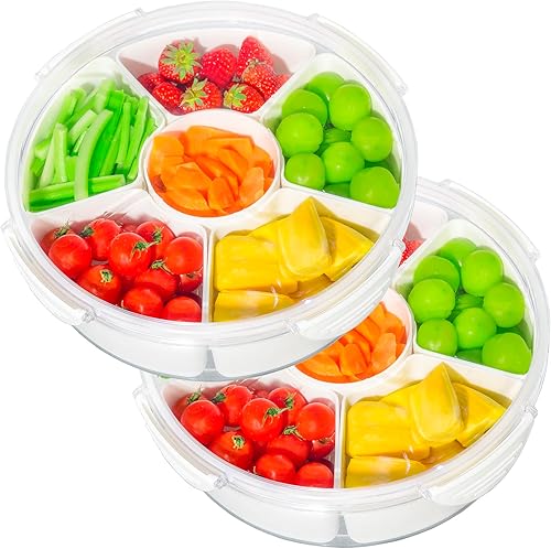 Paquete de 2 bandejas para verduras con tapa para refrigerador, bandeja transparente dividida para servir con caja de aperitivos de inmersión,