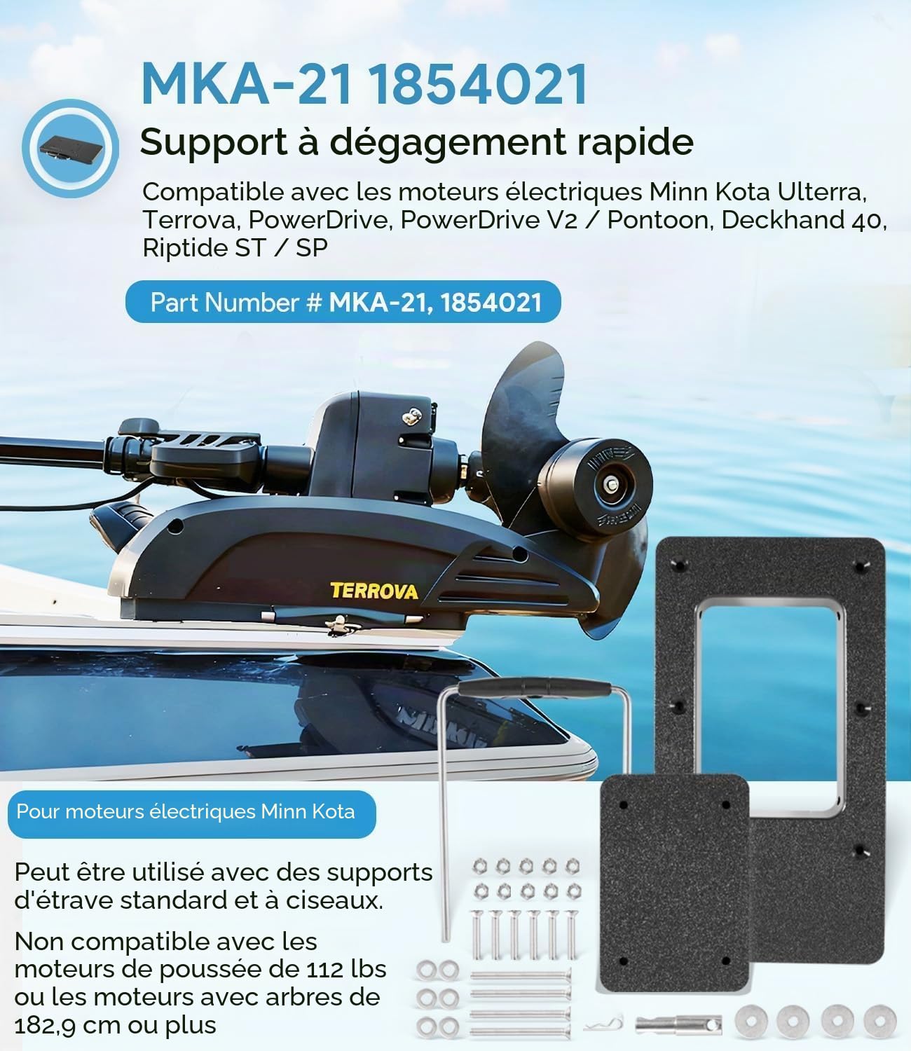 MKA-21 Support de rechange rapide pour moteurs de pêche – Remplacement parfait pour Minn Kota 1854021 – Compatible avec Ulterra, Terrova, PowerDrive, Deckhand 40 – Matériau composite résistant à