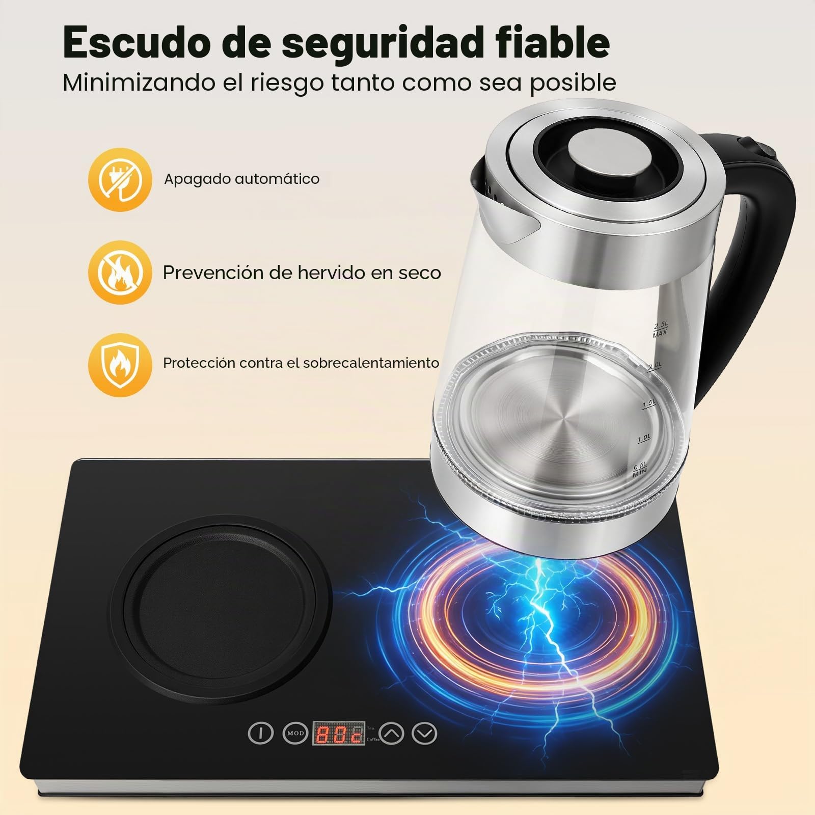 Hervidor de agua eléctrico de doble foco, 1500 W, de cristal, 1 L + 2,5 L, tetera con ajustes de temperatura y panel táctil, para café y té