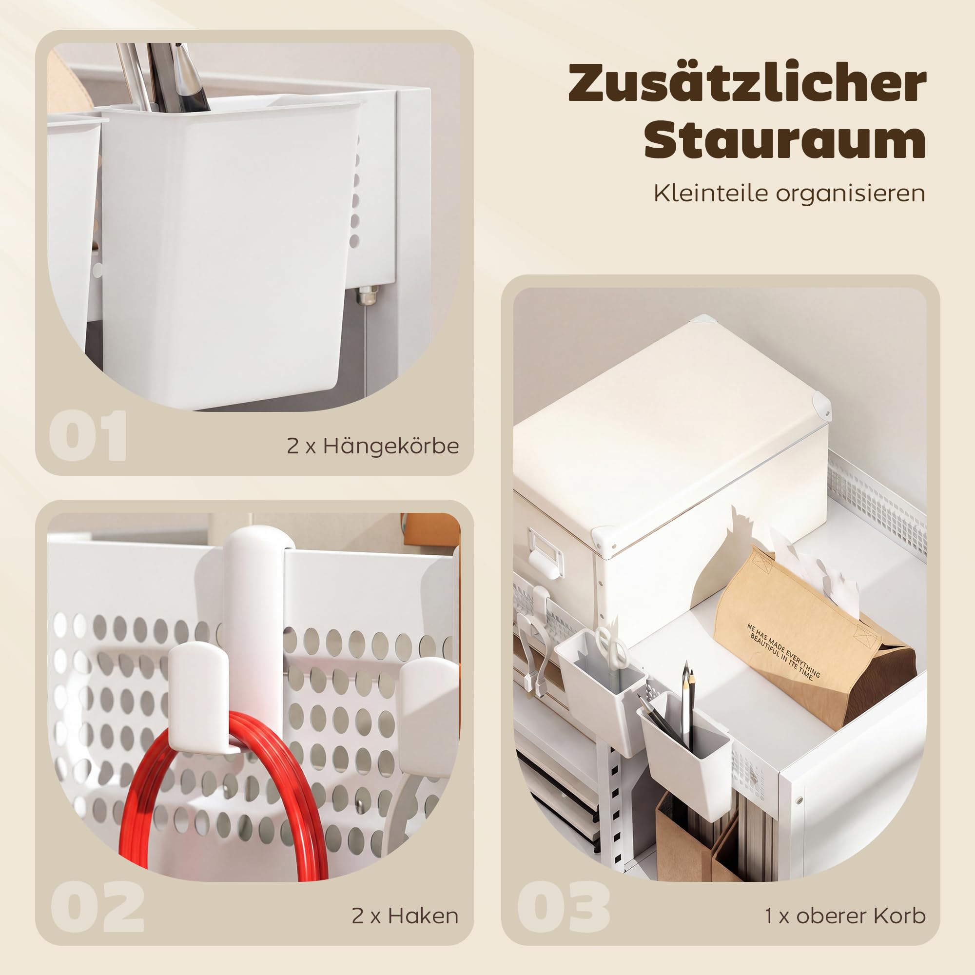 HOMCOM Bücherregal mit Rollen, Bücherwagen mit 4 Ebenen, oberem Aufbewahrungskorb, verstellbaren Regalen, Rollwagen für Zuhause, Wohnzimmer, Büro, Weiß