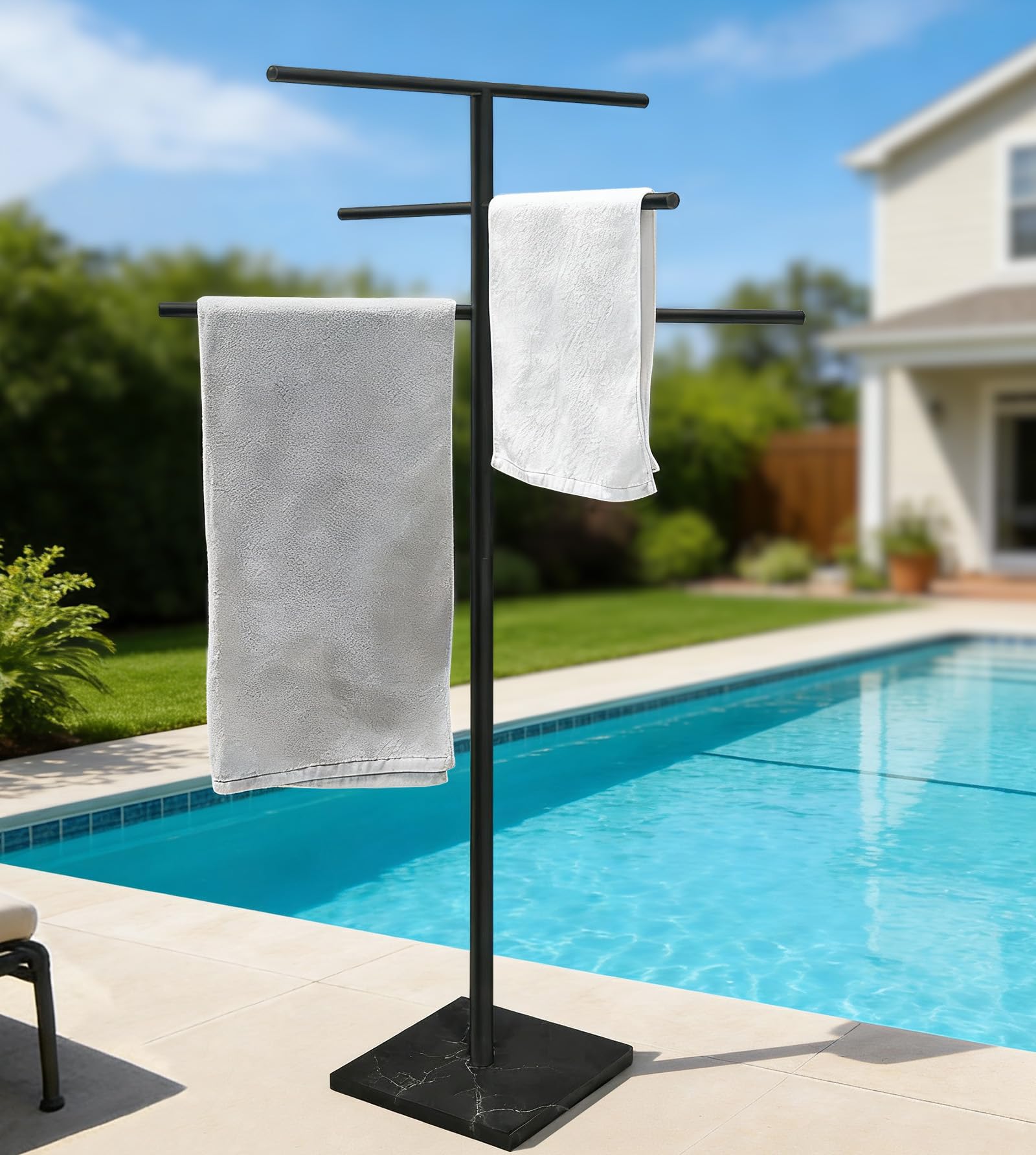 Photo 1 of Eadot Marble Base Outdoor Standing Towel Rack for Swimming Pool, Hot Tub Or Spa, 304 Stainless Steel 6 Arms Standing Towel Sheet Holder Blanket Drying Rack Matte Black