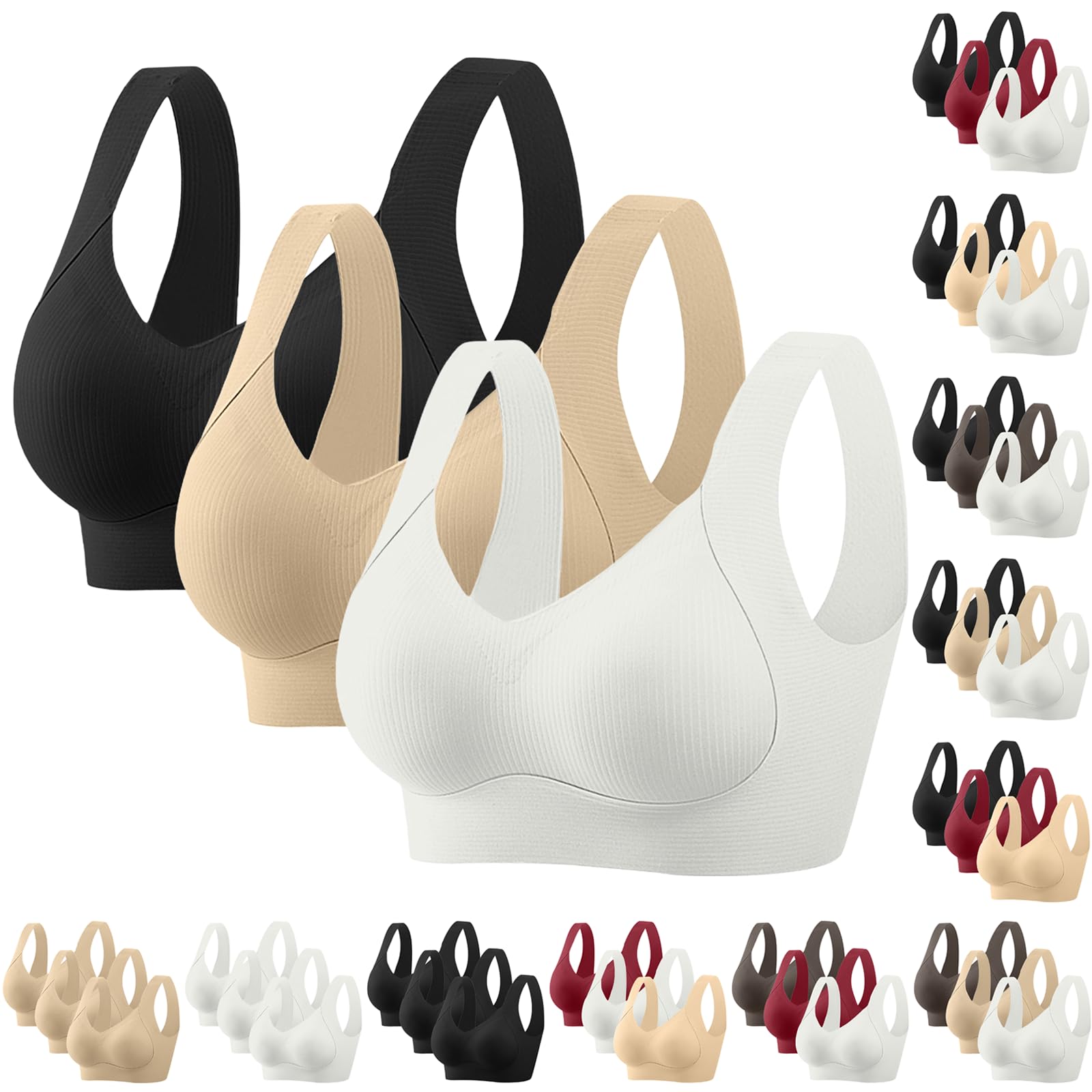 3er Pack Damen BH ohne Bügel Push Up Große Größen Nahtloser Entlastungs-Bustier Breite Träger Bequemer Soft Bralette Anti-Sagging Minimizer Bra Komfortabler Stützhalt für Alltag