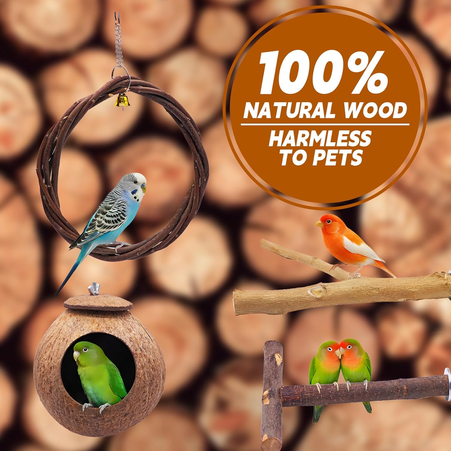 Natural Sichuan Pepper Birdcage Perch, Suitable for Conures, Cockatiels, Budgies, can Stand on Branches as Toys, Bird Swings, Bird feeders, Eight-Piece Natural Wood Birdcage Perch Set.
