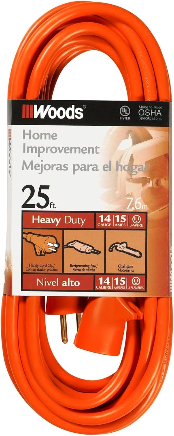 Southwire Extension Cord - Reliable SJTW Vinyl Cable for Outdoor Power - Bright Orange for Visibility - Reinforced Blades for Durability - 14/3 Gauge - 25-Foot Outdoor Cord