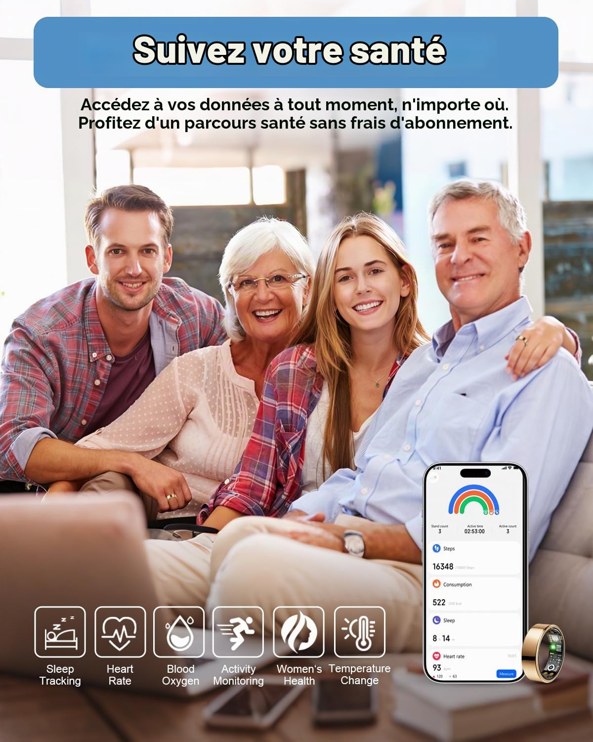 Benio Bague intelligente Gen4, mise à niveau 2026, anneau de santé intelligent pour homme et femme avec moniteur de fréquence cardiaque, oxygène dans le sang, surveillance du sommeil, comptage des pas