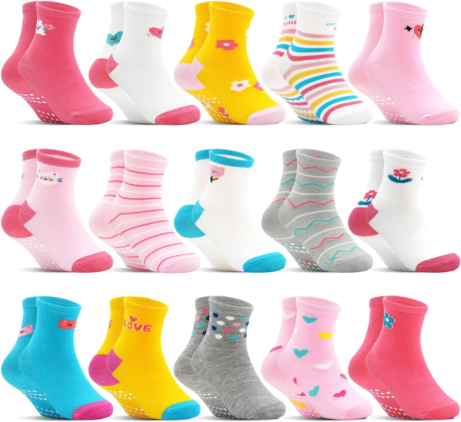Toddler Non Slip Socks 15 Pairs, Kids Grip Socks for Girls Boys 0-7 Years Soft Cartoon Grippy Baby Sock with Gripper