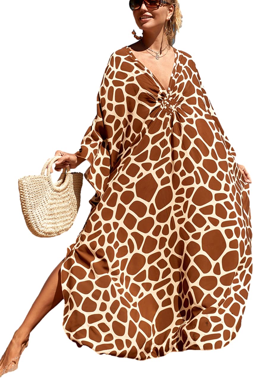 VenashaWomens Caftan Floral Print Kaftan Dress Short Sleeve Swimsuit Cover up Loungewear for Summer