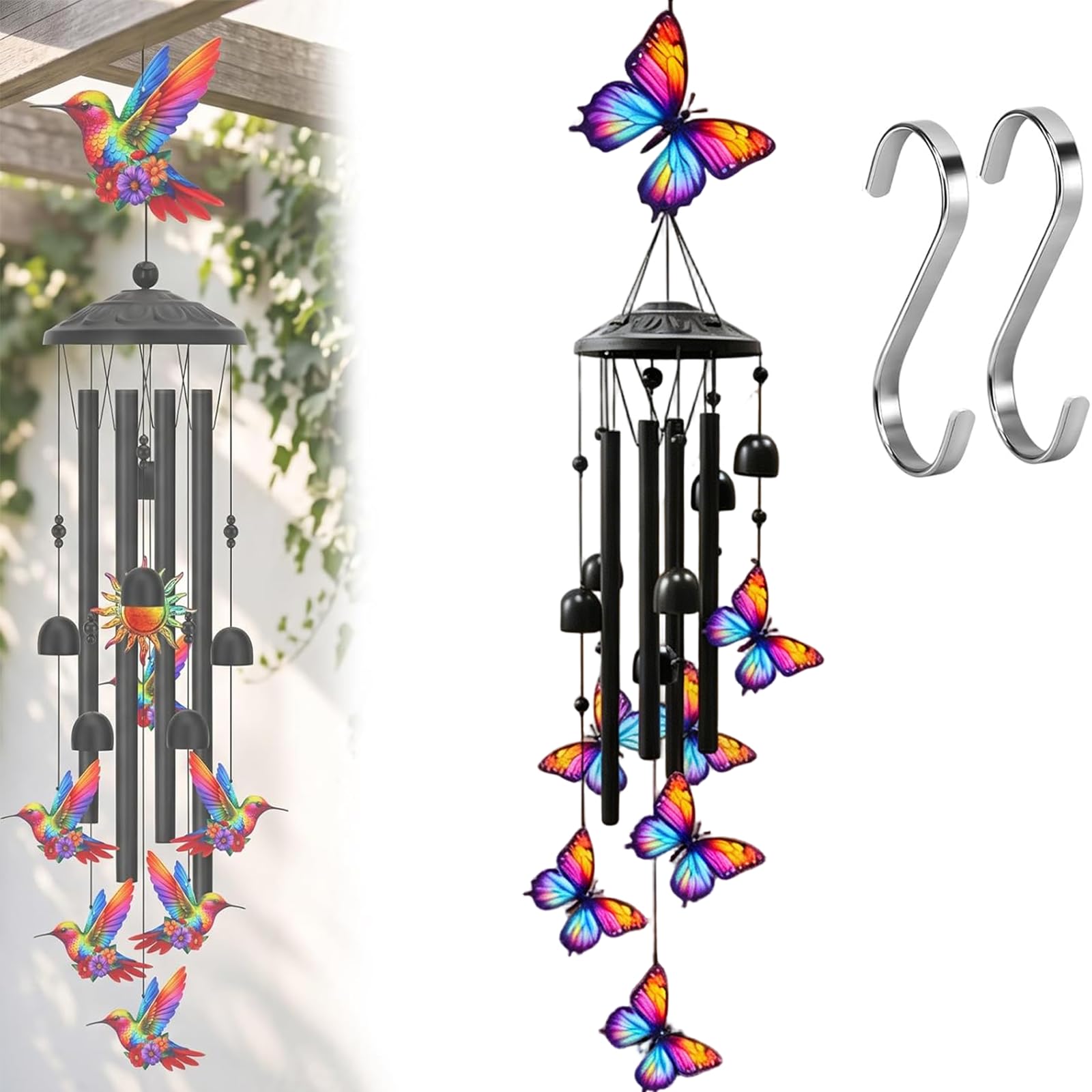 Wind Chimes for Outside, Colorful Hummingbird Wind Chimes, Deep Tone Hanging Garden Decor for Home Ornament, Outside Metal Windchimes for Patio, Porch, Yard Decor (Butterfly)