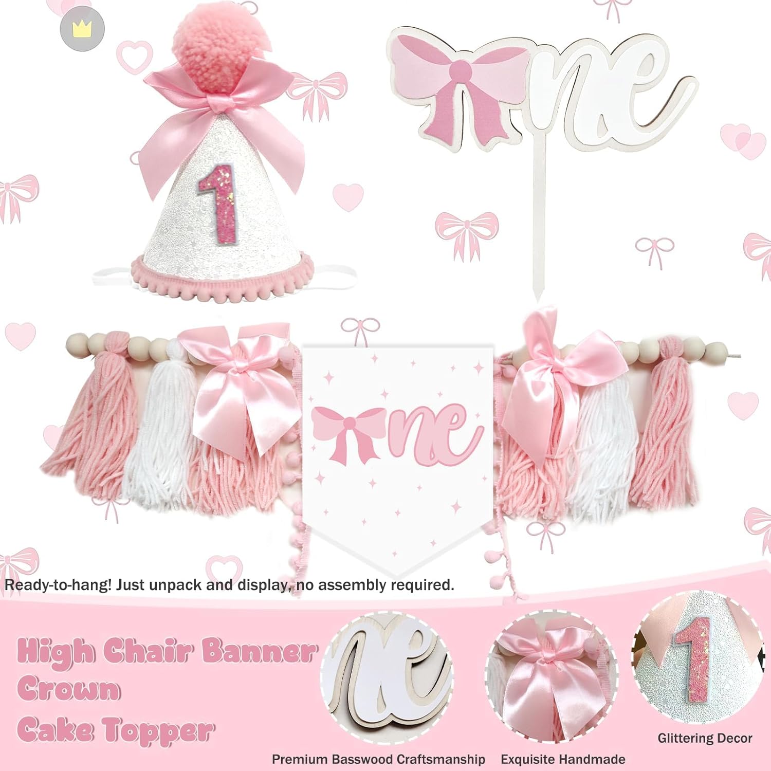 Pink Bow 1st Birthday Decorations, 133 PCs First Birthday Party Supplies for Girl, Pink White Balloon Arch Box Girls Just Wanna Be One Backdrop Banner Poster for Coquette Party
